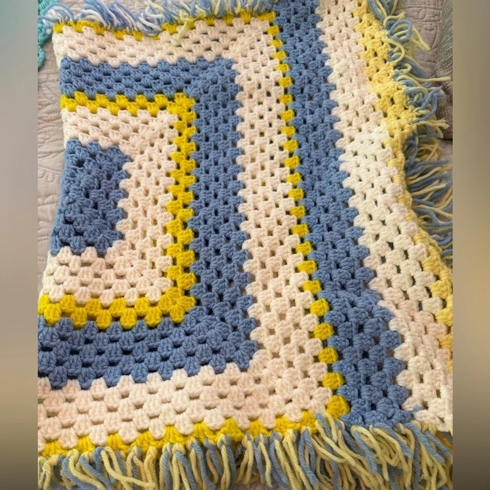 Vintage Granny Square Crocheted Throw Blanket